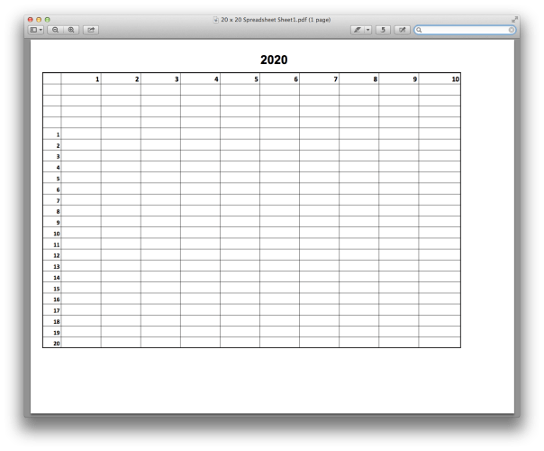 20 x 20 Spreadsheet